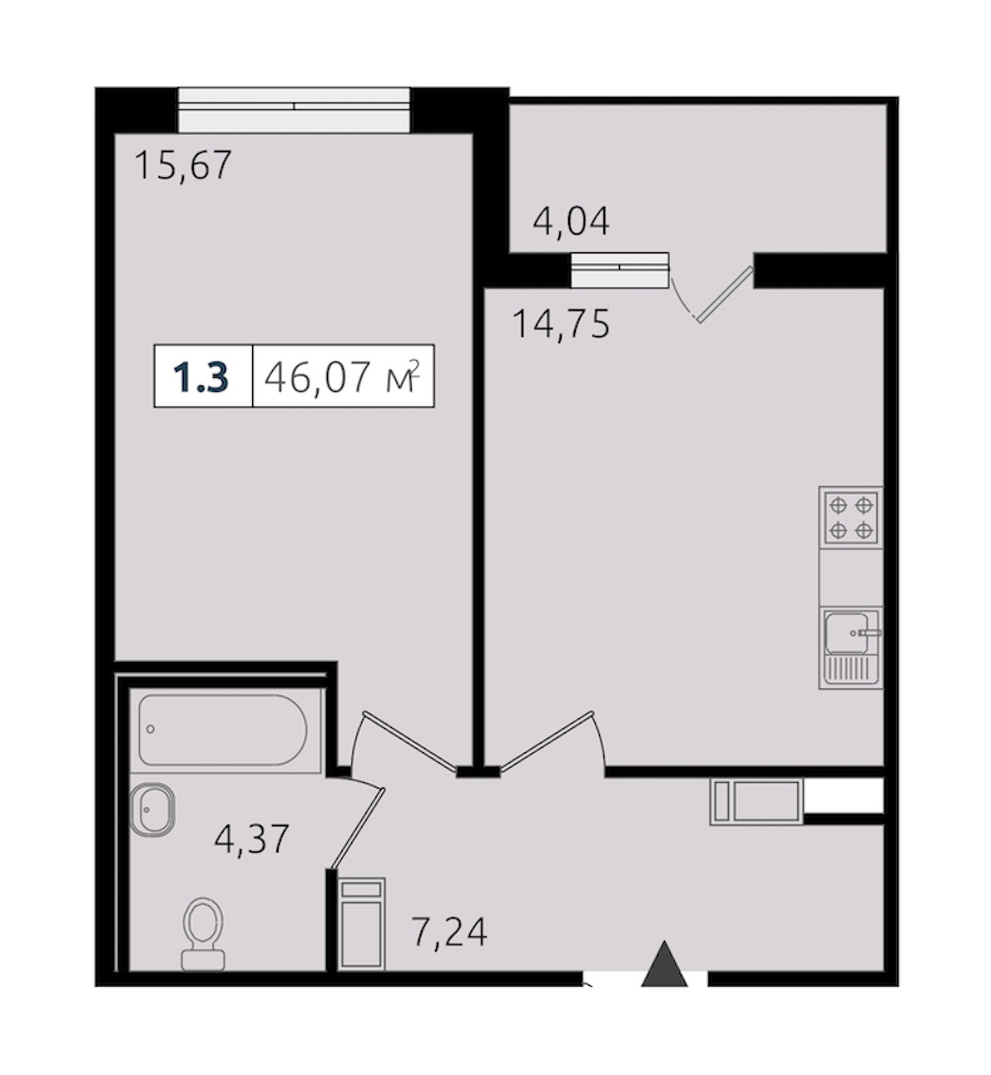1-комнатная квартира 42.04 м², 13/14 эт., ЖК «Чёрная речка»